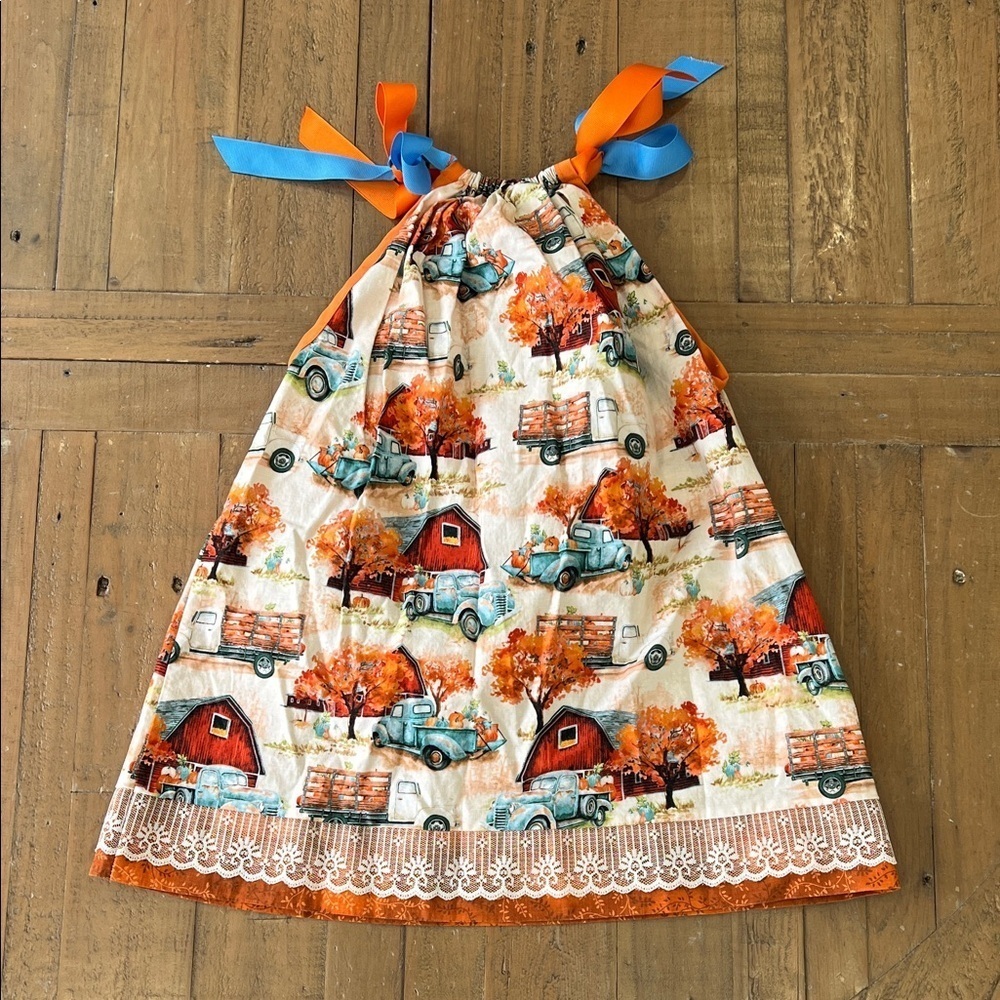 Boutique Autumn Farmhouse truck Print pillowcase Dress girls 2-3 years bows